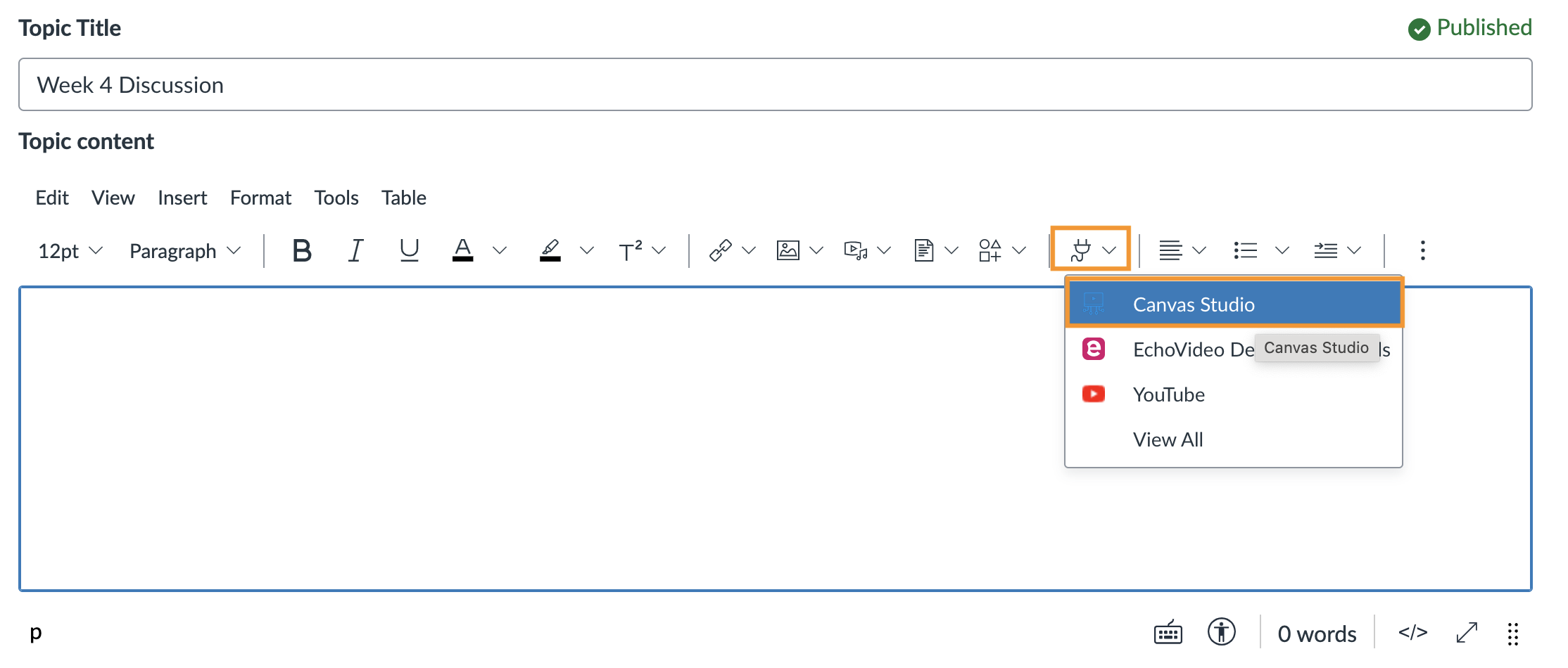 screenshot of Canvas showing the Rich Content Editor and how to access Canvas Studio